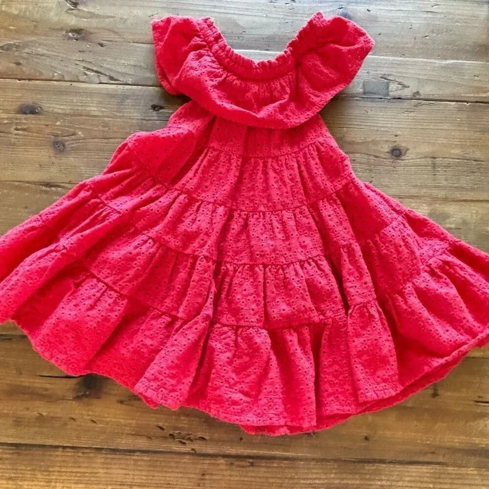 Oshkosh Genuine Kids B Boho Sundress Coral Red Eyelet Lace Tiered Dress Size 2T
